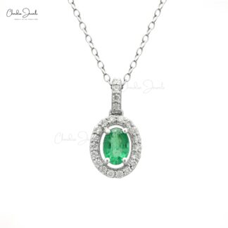 Halo Diamond Wedding Pendant In 14k White Gold Emerald May Birthstone Dangle Necklace