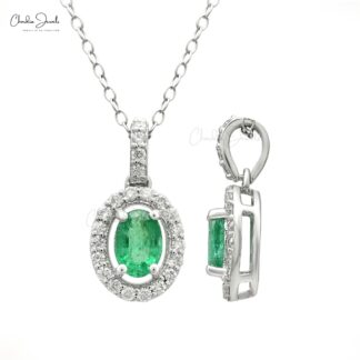 Halo Diamond Wedding Pendant In 14k White Gold Emerald May Birthstone Dangle Necklace
