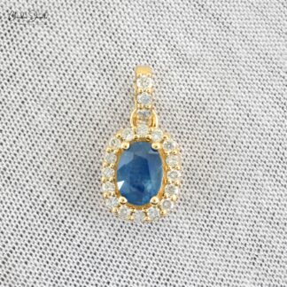 Oval Cut Dangle Charm in 14k Yellow Gold Blue Sapphire And Diamond Halo Pendant For Her