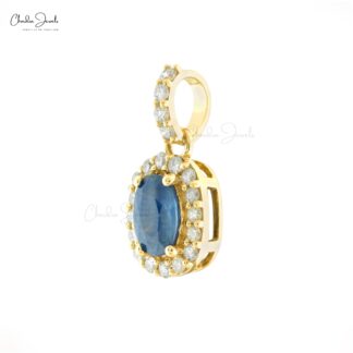 Oval Cut Dangle Charm in 14k Yellow Gold Blue Sapphire And Diamond Halo Pendant For Her