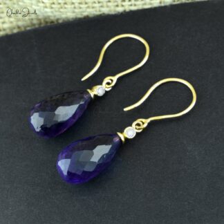 Genuine Purple Amethyst 15x7mm Drop Earrings 14k Real Gold Diamond Fish Hook Dangle Earrings Hallmarked Jewelry For Women’s