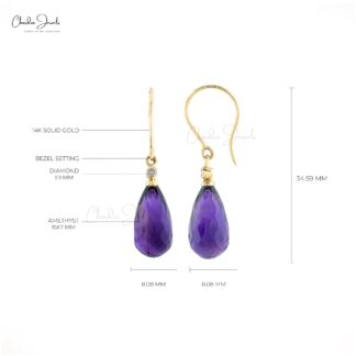 Genuine Purple Amethyst 15x7mm Drop Earrings 14k Real Gold Diamond Fish Hook Dangle Earrings Hallmarked Jewelry For Women’s