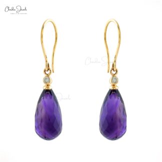 Genuine Purple Amethyst 15x7mm Drop Earrings 14k Real Gold Diamond Fish Hook Dangle Earrings Hallmarked Jewelry For Women’s