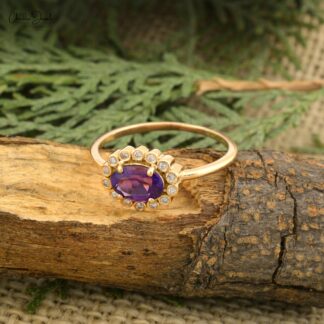 Natural Amethyst 7x5mm Oval Gemstone And Diamond Halo Ring in 14k Real Gold