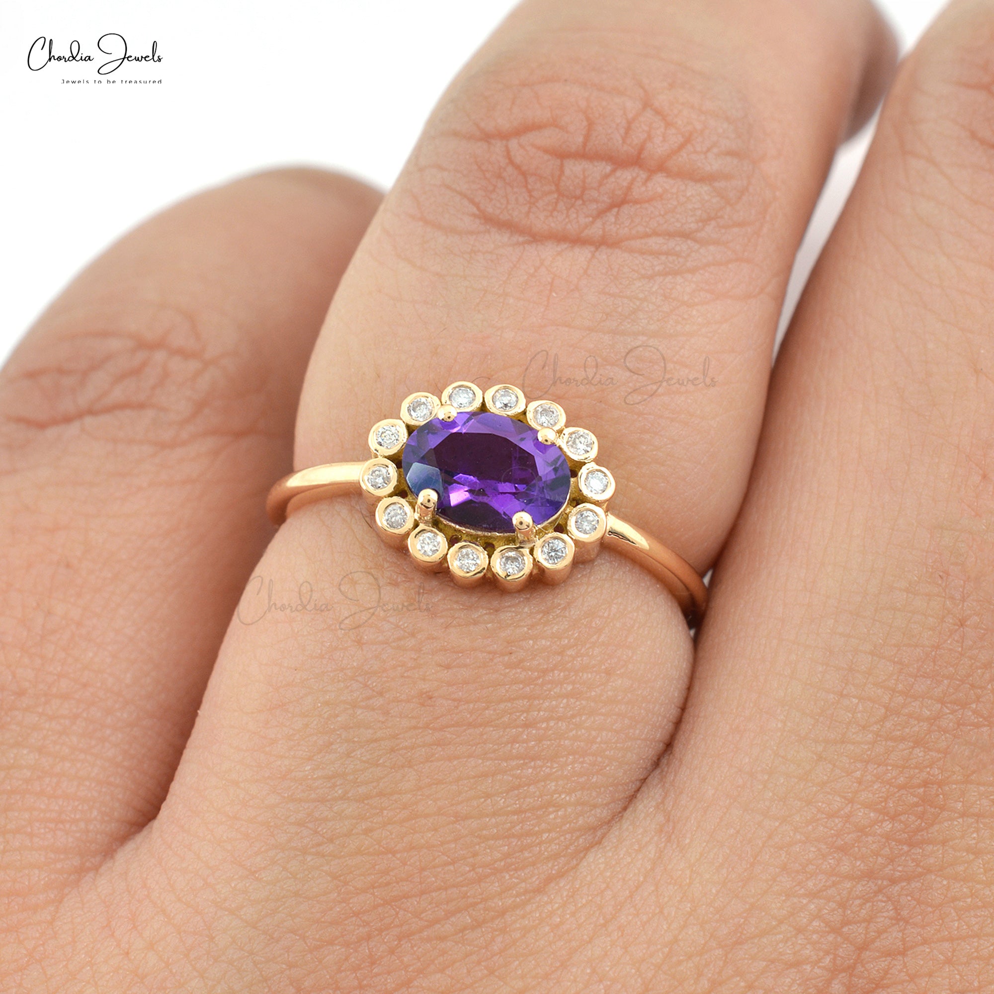 Natural Amethyst 7x5mm Oval Gemstone And Diamond Halo Ring in 14k Real Gold