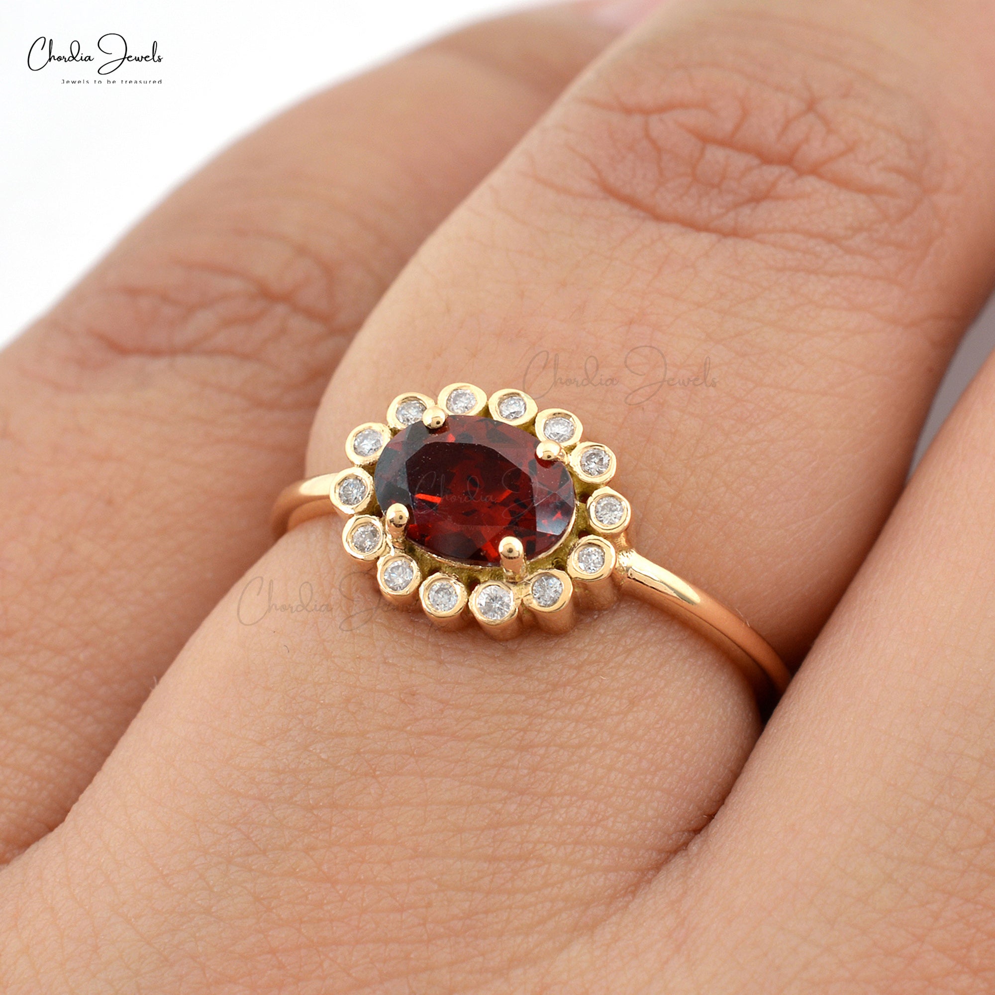 Halo Diamond Promise Ring In 14k Yellow Gold Garnet 0.95 Ct Gemstone Rings For Her