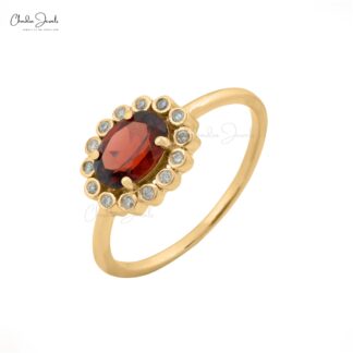 Halo Diamond Promise Ring In 14k Yellow Gold Garnet 0.95 Ct Gemstone Rings For Her