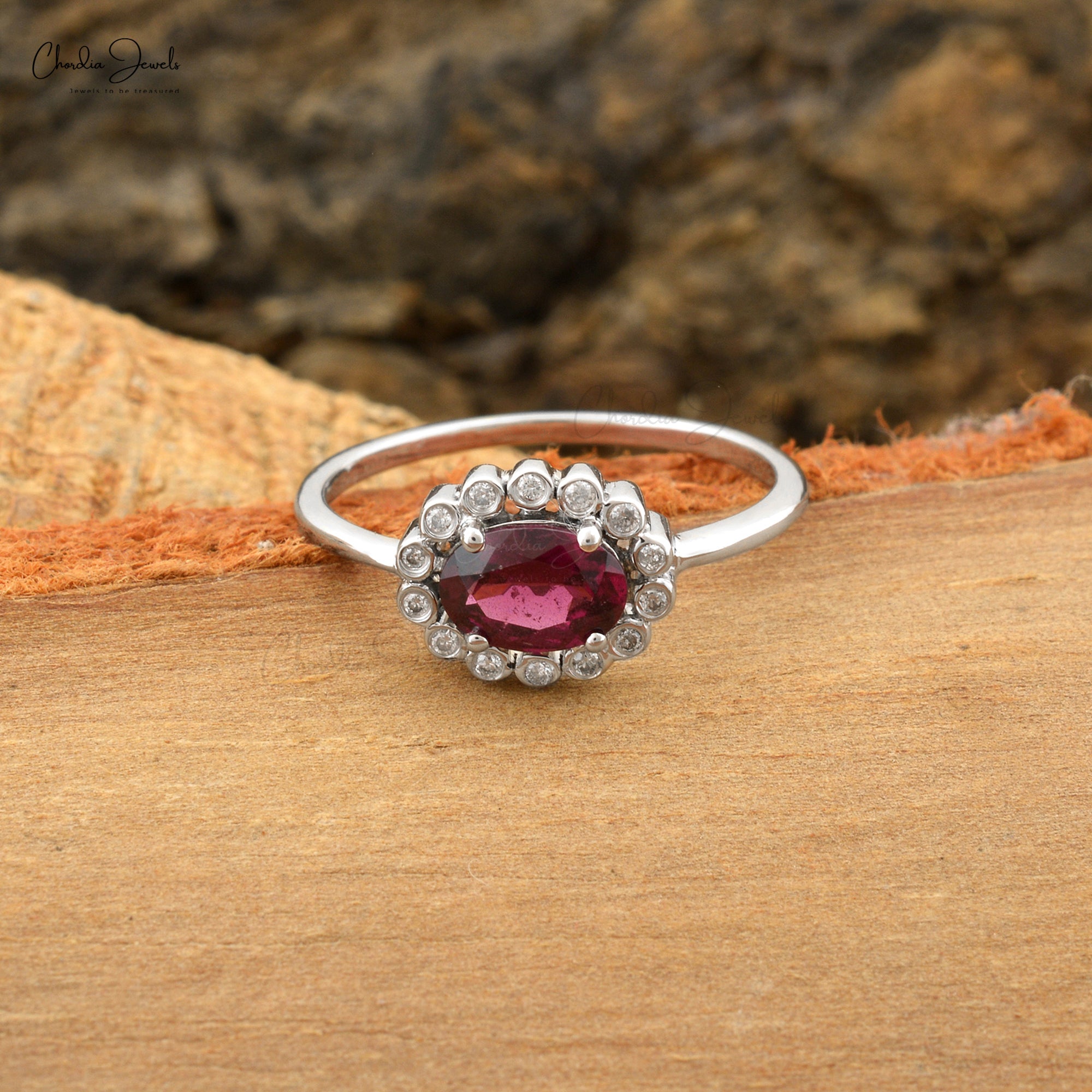 Oval Gemstone Ring in 14k Real White Gold Rhodolite Garnet Halo Diamond Wedding Ring
