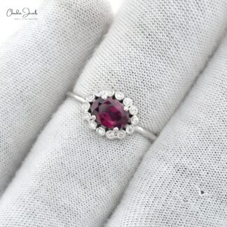 Oval Gemstone Ring in 14k Real White Gold Rhodolite Garnet Halo Diamond Wedding Ring