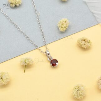 Prong Set Solitaire Pendant With 4mm Red Garnet 14k Solid White Gold Minimal Necklace