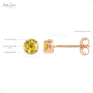 Natural Yellow Sapphire Solitaire Studs Earring in 14k Rose Gold 4mm Round-Cut Gemstone Dainty Earrings