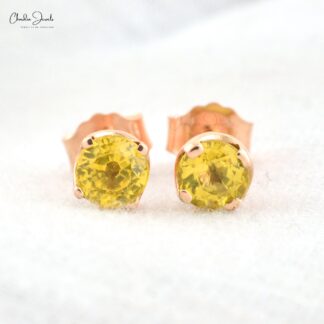Natural Yellow Sapphire Solitaire Studs Earring in 14k Rose Gold 4mm Round-Cut Gemstone Dainty Earrings