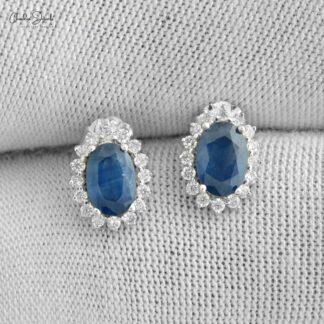 Oval Cut 14k White Gold Stud With 1.16 Ct Blue Sapphire And Diamond Earrings For Her