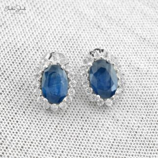 Oval Cut 14k White Gold Stud With 1.16 Ct Blue Sapphire And Diamond Earrings For Her
