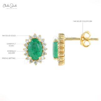 Prong Set Emerald & Diamond Halo 14k Solid Yellow Gold Earrings