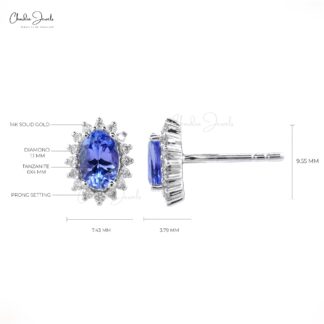 Oval-Cut 1.08ct Tanzanite Earrings with Diamond Halo in 14k Solid White Gold Charm Jewelry
