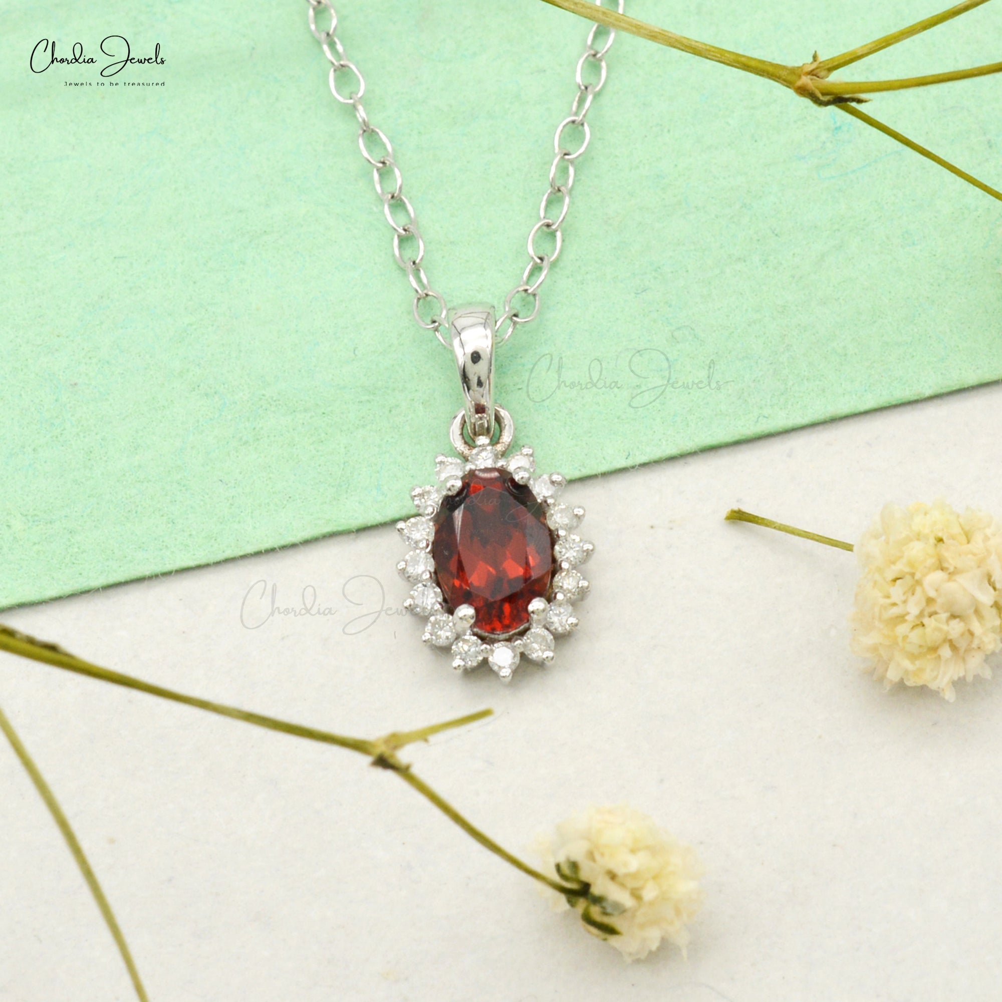Genuine Red Garnet Halo Pendant With 0.58ct Gemstone And Diamond 14k White Gold Pendant