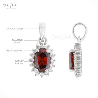 Genuine Red Garnet Halo Pendant With 0.58ct Gemstone And Diamond 14k White Gold Pendant