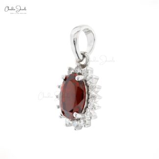 Genuine Red Garnet Halo Pendant With 0.58ct Gemstone And Diamond 14k White Gold Pendant
