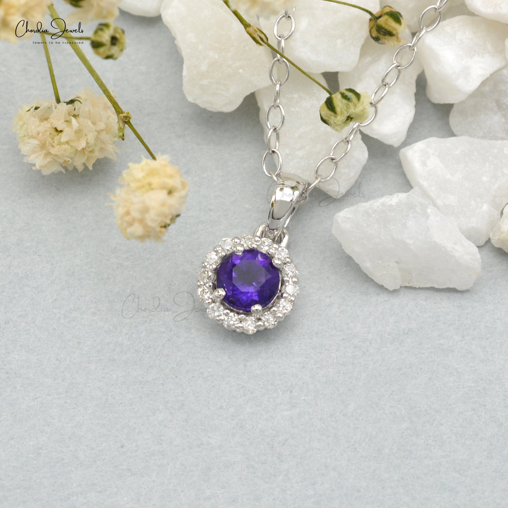 Genuine Amethyst Halo Pendant With 4mm Gemstone And Diamond 14k White Gold Pendant
