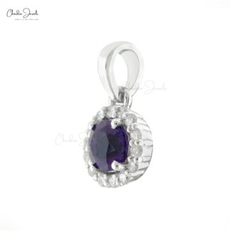 Genuine Amethyst Halo Pendant With 4mm Gemstone And Diamond 14k White Gold Pendant