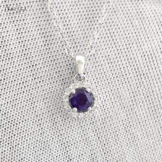 Genuine Amethyst Halo Pendant With 4mm Gemstone And Diamond 14k White Gold Pendant