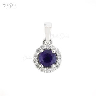 Genuine Amethyst Halo Pendant With 4mm Gemstone And Diamond 14k White Gold Pendant