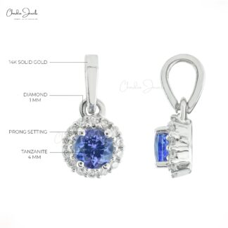 Genuine Tanzanite Halo Pendant In 14k Real White Gold Gemstone And Diamond Fine Jewelry