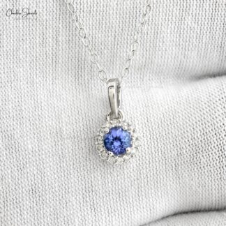 Genuine Tanzanite Halo Pendant In 14k Real White Gold Gemstone And Diamond Fine Jewelry