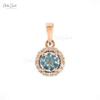 Genuine Aquamarine Halo Pendant In 14k Rose Gold Pave Diamond Round Gemstone Necklace