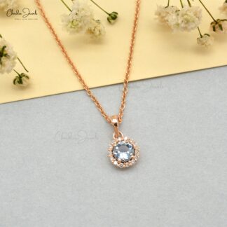 Genuine Aquamarine Halo Pendant In 14k Rose Gold Pave Diamond Round Gemstone Necklace