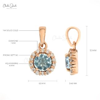 Genuine Aquamarine Halo Pendant In 14k Rose Gold Pave Diamond Round Gemstone Necklace