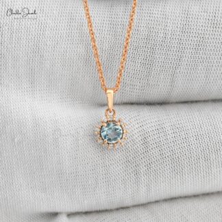 Genuine Aquamarine Halo Pendant In 14k Rose Gold Pave Diamond Round Gemstone Necklace