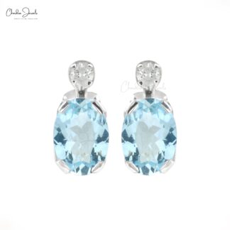 March Birthstone Natural Aquamarine Earrings 7x5mm Oval Cut Gemstone Earrings 14k Solid White Gold Diamond Earrings For Women’s