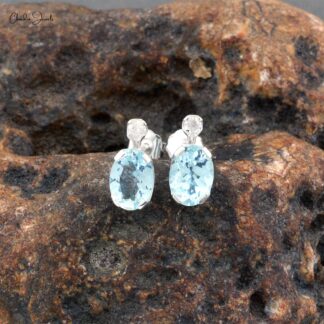 March Birthstone Natural Aquamarine Earrings 7x5mm Oval Cut Gemstone Earrings 14k Solid White Gold Diamond Earrings For Women’s
