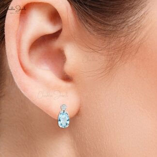 March Birthstone Natural Aquamarine Earrings 7x5mm Oval Cut Gemstone Earrings 14k Solid White Gold Diamond Earrings For Women’s