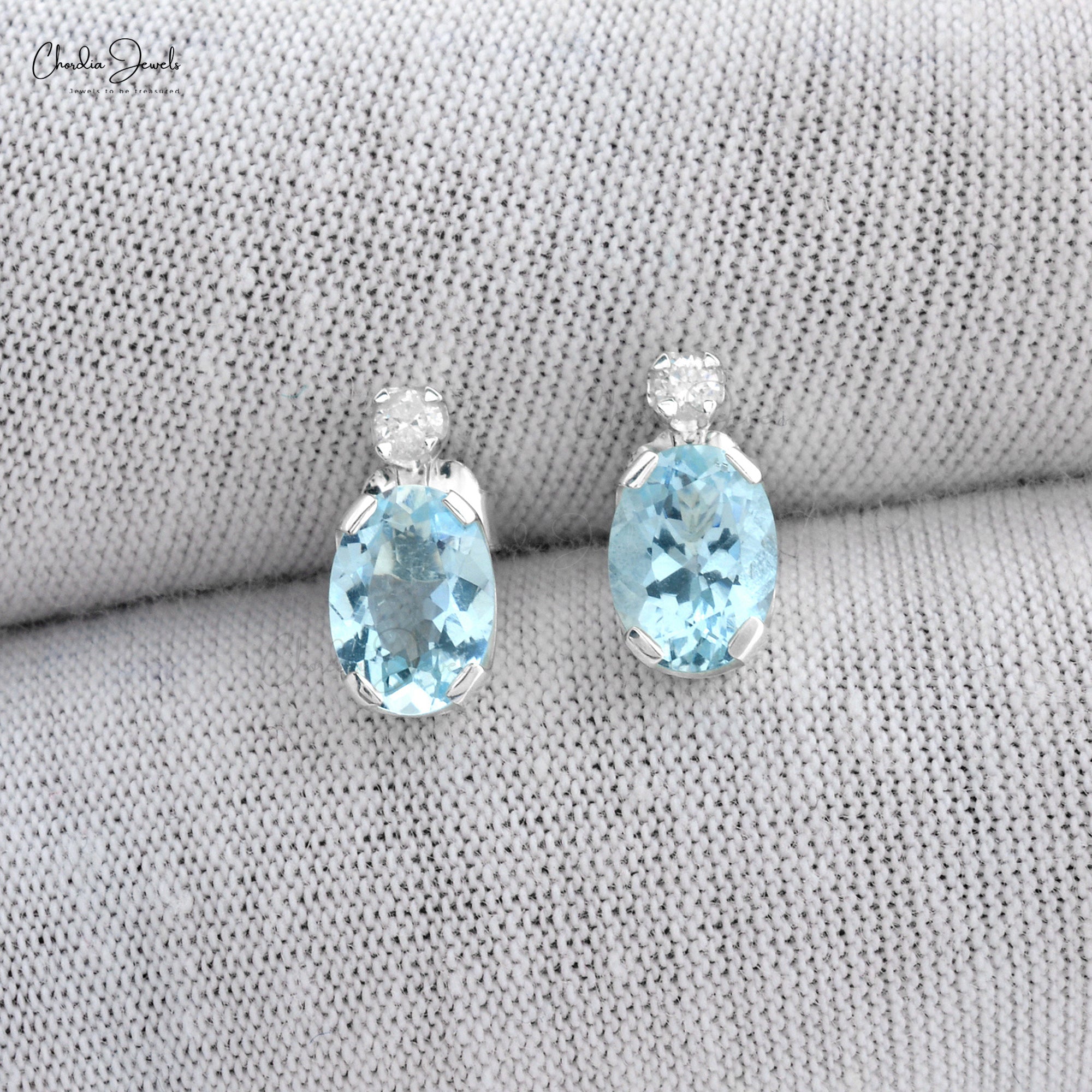 March Birthstone Natural Aquamarine Earrings 7x5mm Oval Cut Gemstone Earrings 14k Solid White Gold Diamond Earrings For Women’s