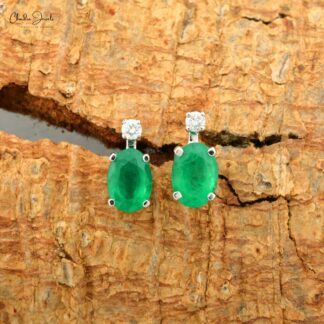 Natural 1.44Ct Green Emerald & Diamond Two Stone Stud Earrings