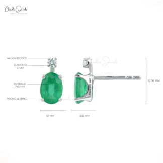 Natural 1.44Ct Green Emerald & Diamond Two Stone Stud Earrings