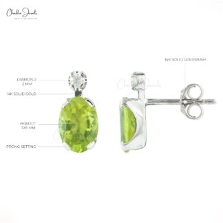 Oval Cut 7x5mm Natural Peridot Diamond Accented Studs Earrings 14k Solid White Gold Earrings For Her