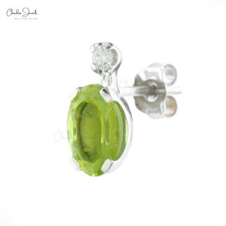 Oval Cut 7x5mm Natural Peridot Diamond Accented Studs Earrings 14k Solid White Gold Earrings For Her