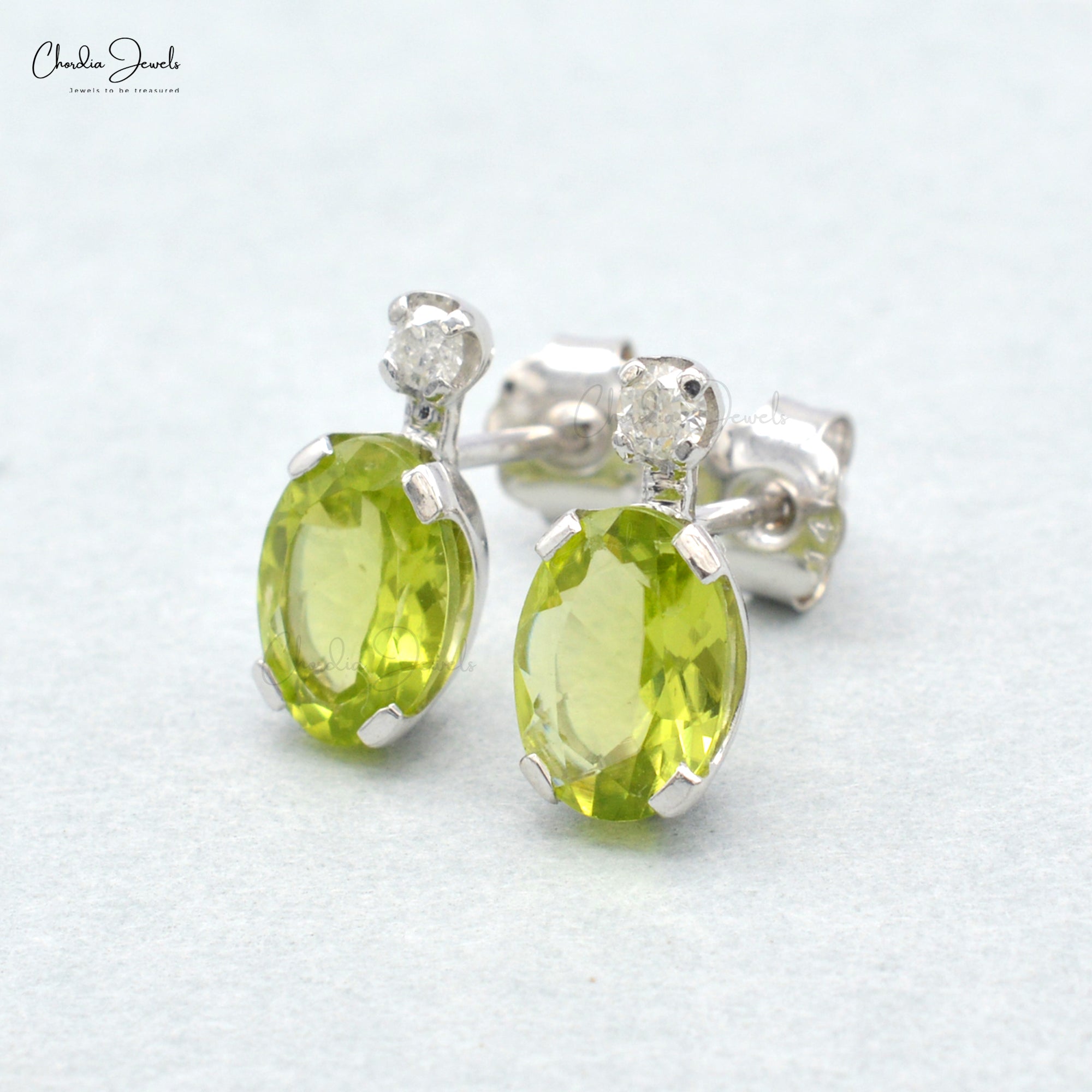 Oval Cut 7x5mm Natural Peridot Diamond Accented Studs Earrings 14k Solid White Gold Earrings For Her
