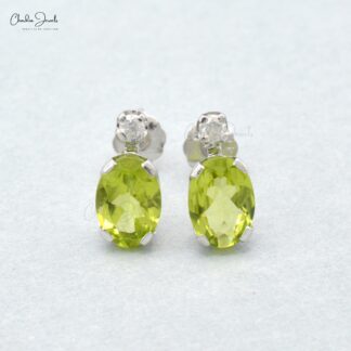 Oval Cut 7x5mm Natural Peridot Diamond Accented Studs Earrings 14k Solid White Gold Earrings For Her