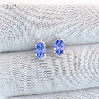 Genuine Blue Tanzanite Half Halo Studs 14k White Gold G-H Diamond Summer Jewelry 7x5mm Oval Cut Gemstone Push Back Earrings For Her