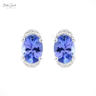 Genuine Blue Tanzanite Half Halo Studs 14k White Gold G-H Diamond Summer Jewelry 7x5mm Oval Cut Gemstone Push Back Earrings For Her