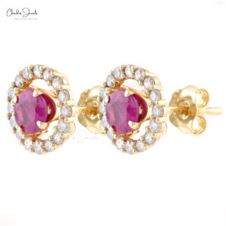 Natural Burma Ruby Handmade Halo Studs Earring in 14k Yellow Gold
