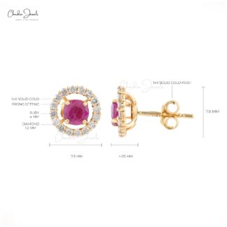 Natural Burma Ruby Handmade Halo Studs Earring in 14k Yellow Gold