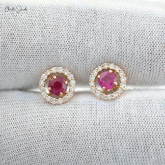 Natural Burma Ruby Handmade Halo Studs Earring in 14k Yellow Gold