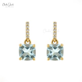 Natural Aquamarine Dangling Earrings 6mm Cushion Cut Gemstone Earrings 14k Solid Yellow Gold Earrings For Women’s
