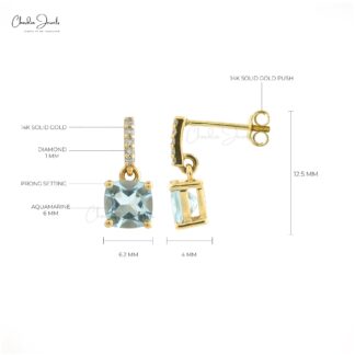 Natural Aquamarine Dangling Earrings 6mm Cushion Cut Gemstone Earrings 14k Solid Yellow Gold Earrings For Women’s